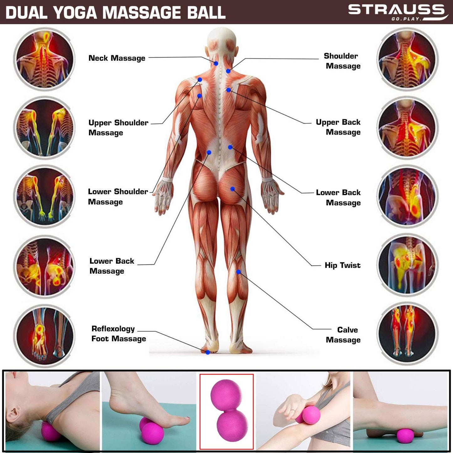 Strauss Yoga Lacrosse Massage Dual Peanut Ball for Physiotherapy, Deep Tissue, Trigger Point Therapy, Muscle Knots, Pain Relief, Pink