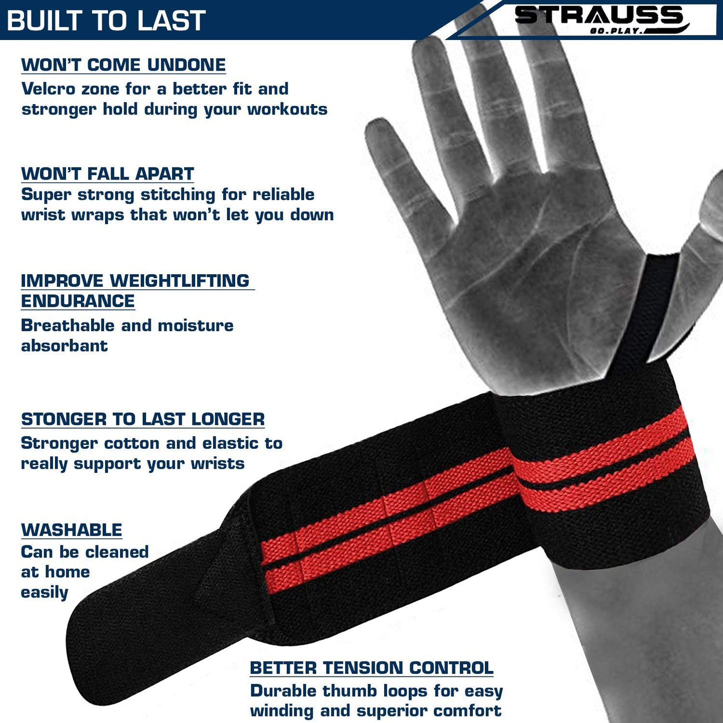 STRAUSS WL Cotton Wrist Supporter with Thumb Loop, Adjustable, Breathable, Powerful Velcro, Soft Material, Black/Red for Gym Workouts & Strength Training.