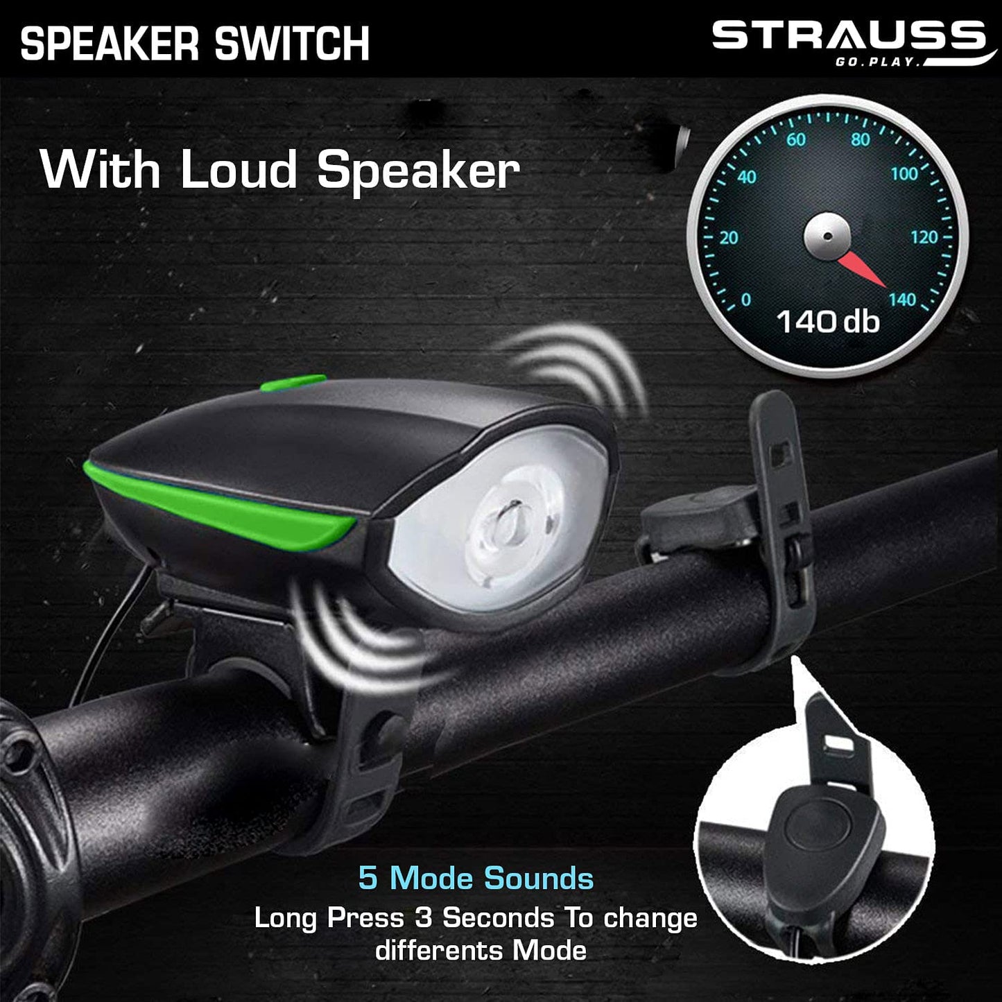 Strauss Bicycle LED Headlight with Horn, Rechargeable, Adjustable, 2-in-1, Green