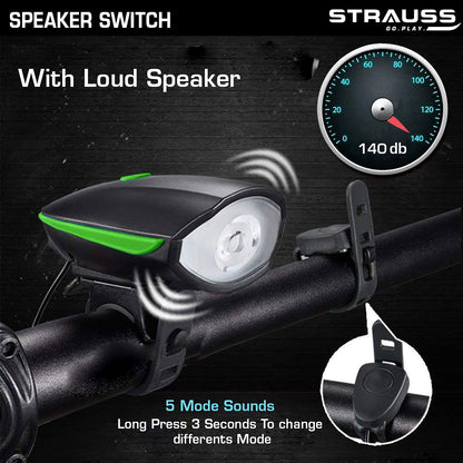 Strauss Bicycle LED Headlight with Horn, Rechargeable, Adjustable, 2-in-1, Green