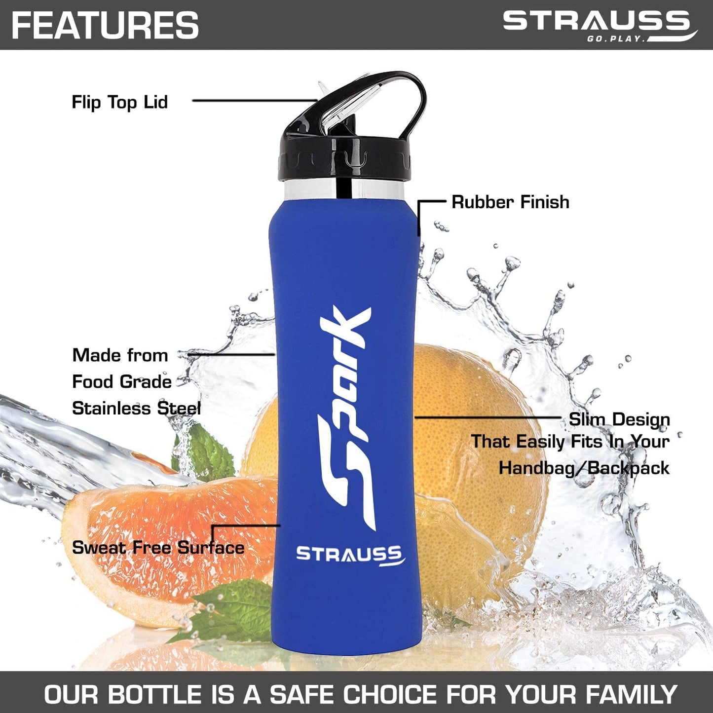 STRAUSS Spark Stainless-Steel Bottle Rubber Finish 750 ml Blue Pack of 2