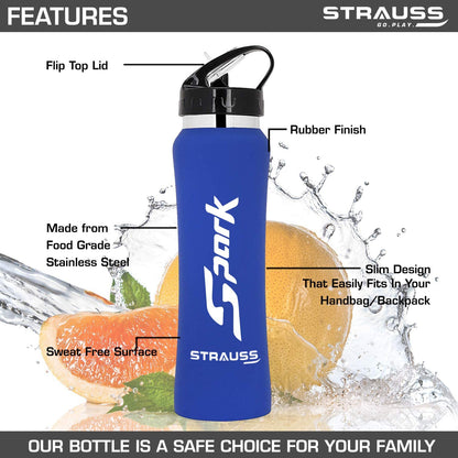 STRAUSS Spark Stainless-Steel Bottle Rubber Finish 750 ml Blue Pack of 2