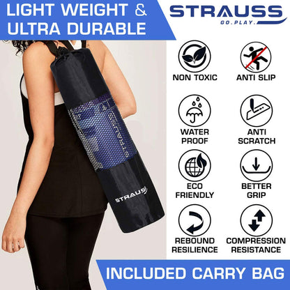 Strauss Eco-friendly Anti-Slip Yoga Mat with Carry Bag for Men & Women, Home Gym, Workout, Pilates, Floor Exercises. Sizes: 4mm, 6mm, 8mm. Grey.