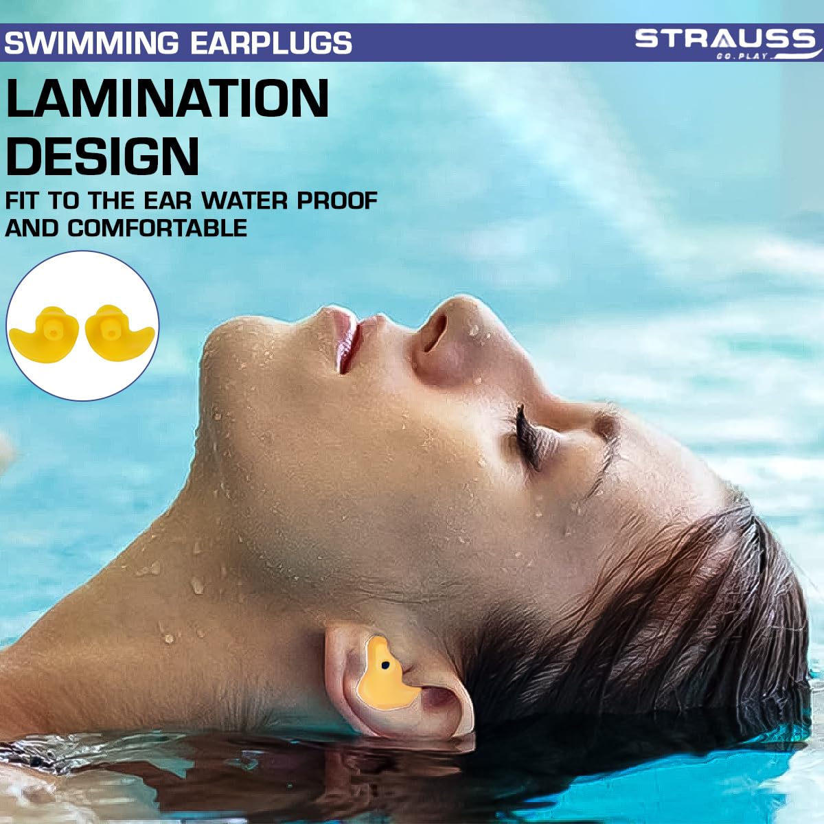 Strauss Waterproof Reusable Silicone Swimming Earplugs, Noise Cancellation, Soundproof, for Swimming, Travel, Kids & Adults, Yellow