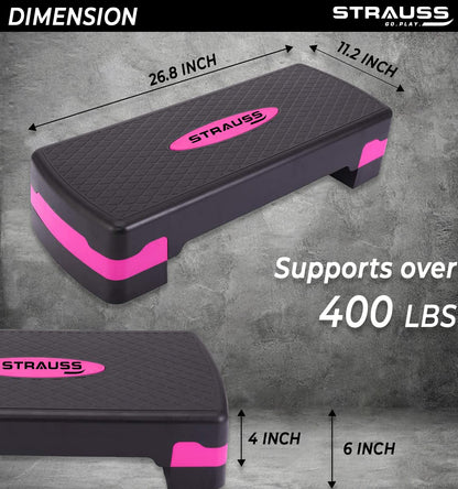 Strauss Aerobic Stepper: 4" & 6" height, slip-resistant, shock-absorbing, supports up to 200 KG, pink.