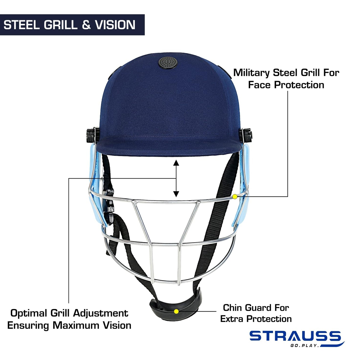 Strauss Cricket Helmet, Steel Grill, Medium, Age 15+, Blue, Men/Women, Lightweight, Advanced Protection, Leather Ball.