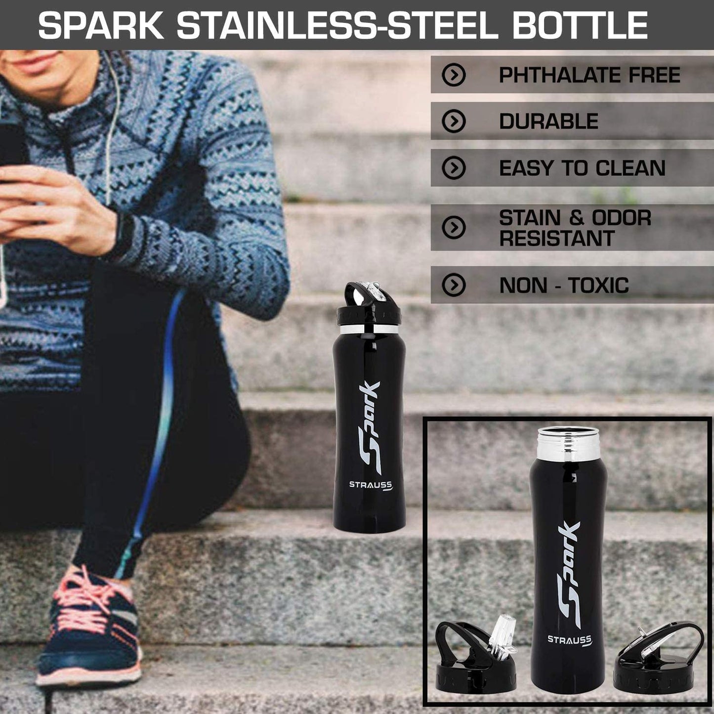 STRAUSS Spark Stainless Steel Water Bottle Metal Finish  Sipper Bottle  Gym Bottle