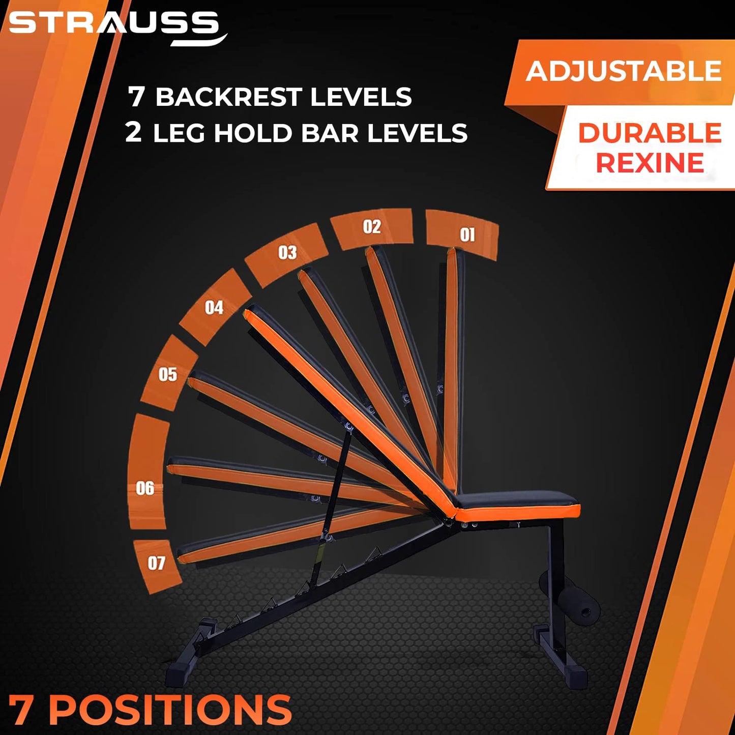 Strauss Adjustable Heavy Duty Gym Bench, 7 Positions, Incline/Decline, Multipurpose, Black/Orange