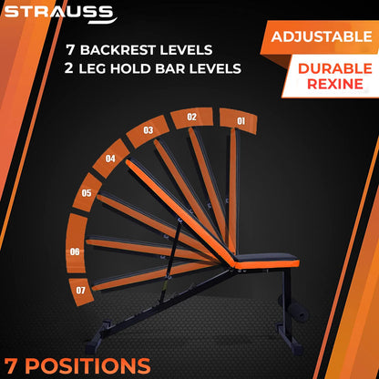 Strauss Adjustable Heavy Duty Gym Bench, 7 Positions, Incline/Decline, Multipurpose, Black/Orange