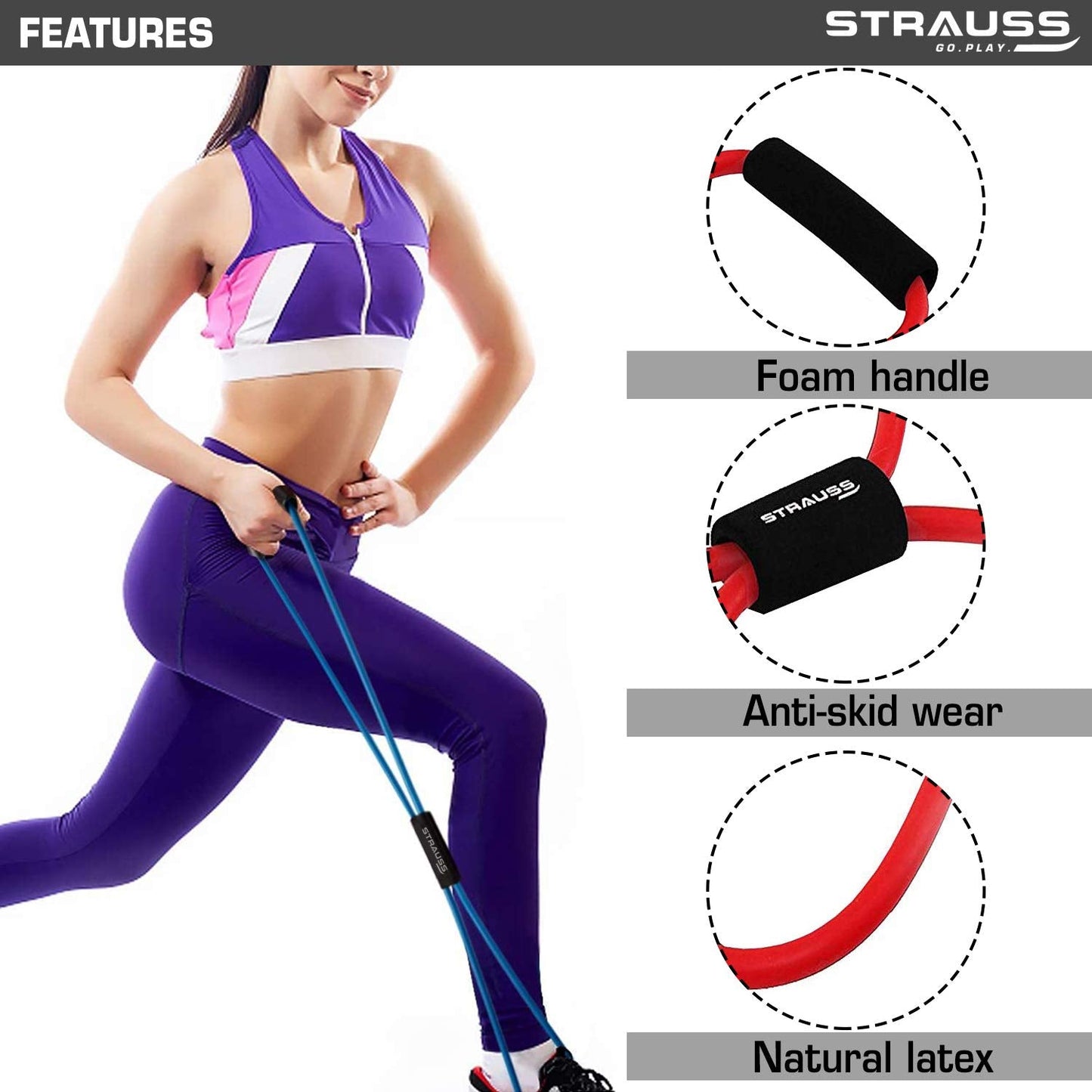 Strauss Yoga Chest Expander: Ideal for Yoga, Gym, Home Workout. Premium Natural Latex, Lightweight, Soft, Comfortable Handle, 8 Shape, Red.