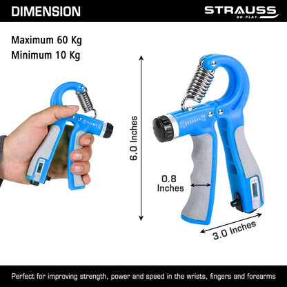 Strauss Adjustable Hand Grip with Counter, 10KG-60KG Resistance, Ideal for Forearm & Hand Exercises, Strength Building for Men & Women, Blue