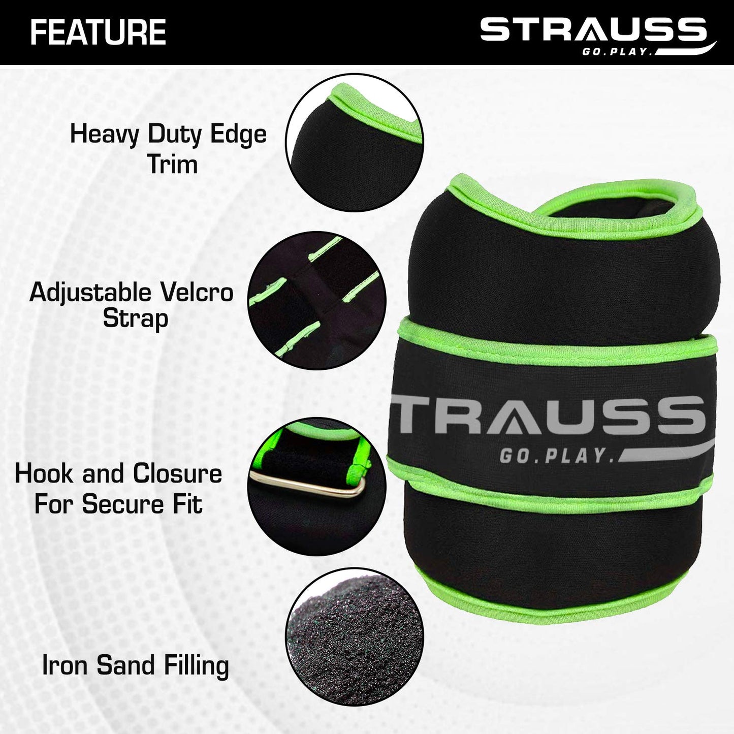 Strauss Adjustable Ankle/Wrist Weights 0.5 KG x 2 for Walking, Running, Jogging, Cycling, Gym, Strength Training. Easy to Use. Green.