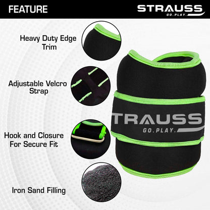 Strauss Adjustable Ankle/Wrist Weights 0.5 KG x 2 for Walking, Running, Jogging, Cycling, Gym, Strength Training. Easy to Use. Green.