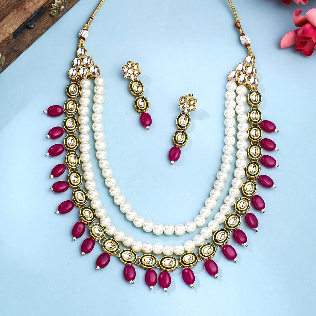 Yellow Chimes Gold Plated Kundan Necklace Set with White Pearl Beads, Perfect Birthday or Anniversary Gift for Women and Girls