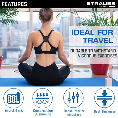 Strauss TPE Yoga Mat, 6MM, Sky Blue, Anti-Slip, with Carry Strap. Ideal for Home Workout, Gym, Yoga for Men, Women, and Kids.