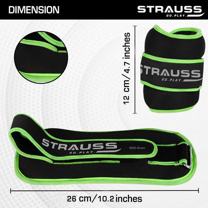 Strauss Adjustable Ankle/Wrist Weights 0.5 KG x 2 for Walking, Running, Jogging, Cycling, Gym, Strength Training. Easy to Use. Green.