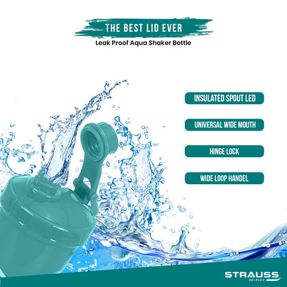 STRAUSS Aqua Shaker Bottle, 700ml, BPA-Free, Leakproof, Ideal for Protein Shakes, Smoothies, Pre/Post Workout, Men & Women, Aqua Green