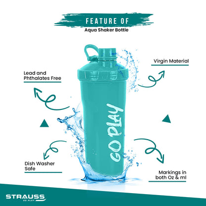 STRAUSS Aqua Shaker Bottle, 700ml, BPA-Free, Leakproof, Ideal for Protein Shakes, Smoothies, Pre/Post Workout, Men & Women, Aqua Green