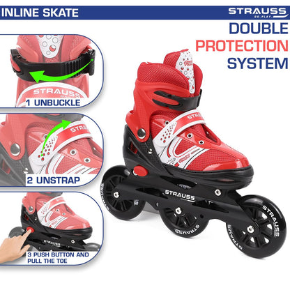 STRAUSS Blaze Adjustable Inline Skates for Boys & Girls, 3 Wheels, Beginner-Friendly, Enhanced Stability, Size M, Red