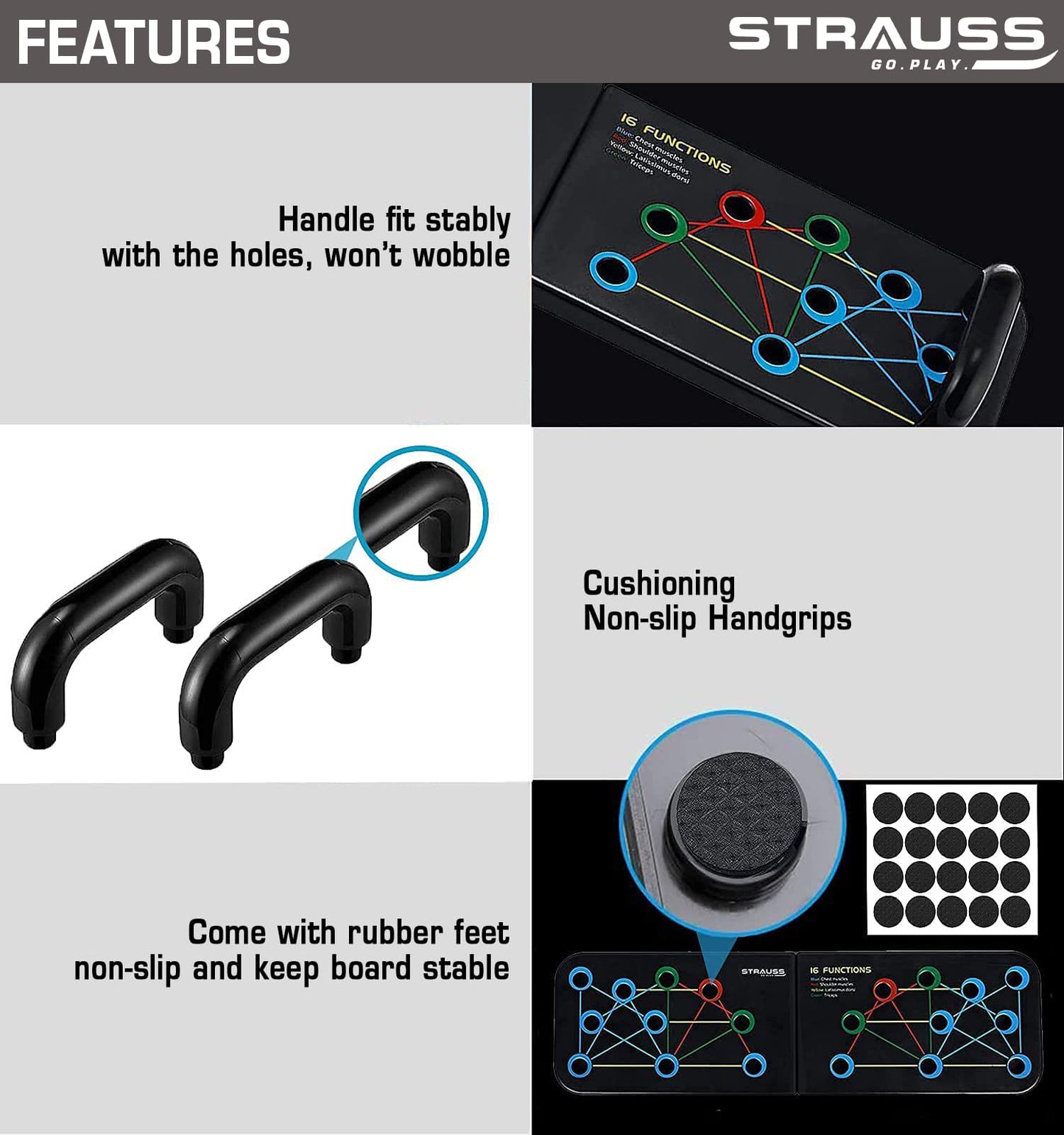 Strauss Multifunctional Portable Push Up Board 16 in 1 Body Building Exercise Tools  Durable  Foldable  Push Up Board for Men-Women