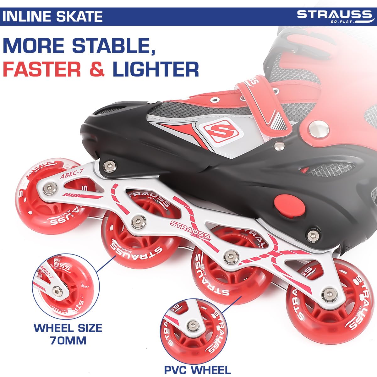 STRAUSS Vortex Adjustable Inline Skates for Boys & Girls, 4 Wheels, Beginner-Friendly, Enhanced Stability, Size L, Red