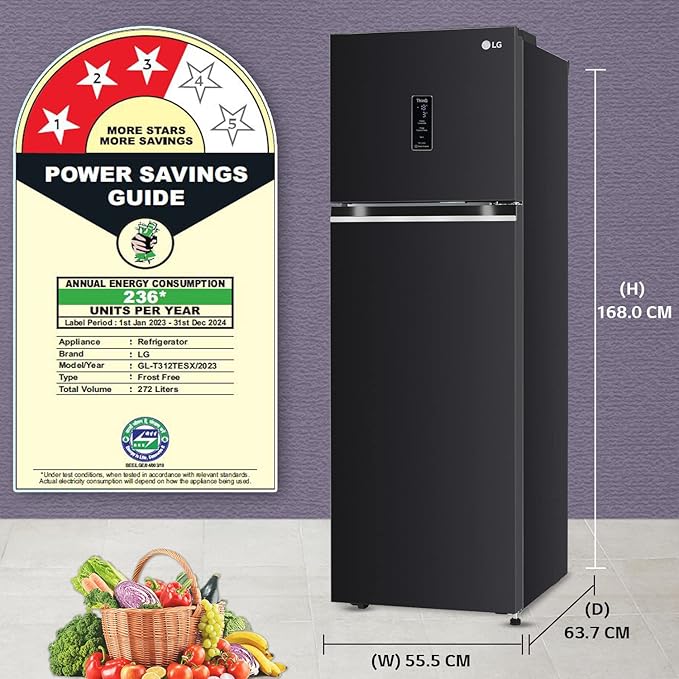 Lg 272 L 3 Star Frost-Free Smart Inverter Wi-Fi Double Door Refrigerator Gl-T312Tesx Ebony Sheen Convertible  Door Cooling Gross Volume 289 Ltr.