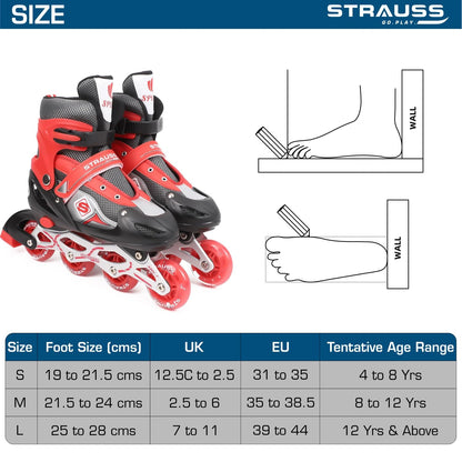 STRAUSS Vortex Adjustable Inline Skates for Boys & Girls, 4 Wheels, Beginner-Friendly, Enhanced Stability, Size L, Red