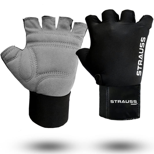 STRAUSS Suede Gym Gloves for Weightlifting, Cycling, Exercise. Half Finger, 8mm Foam Cushion, Anti-Slip, Breathable Lycra, Grey/Black, Large