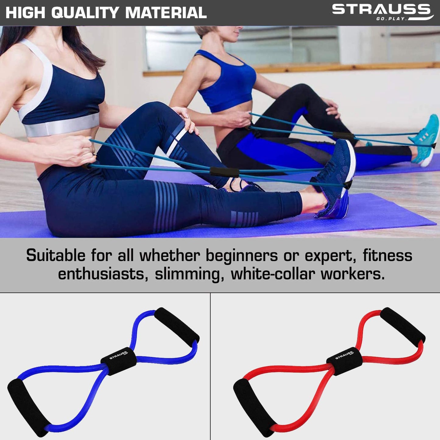 Strauss Yoga Chest Expander: Ideal for Yoga, Gym, Home Workout. Premium Natural Latex, Lightweight, Soft, Comfortable Handle, 8 Shape Resistance Tube.