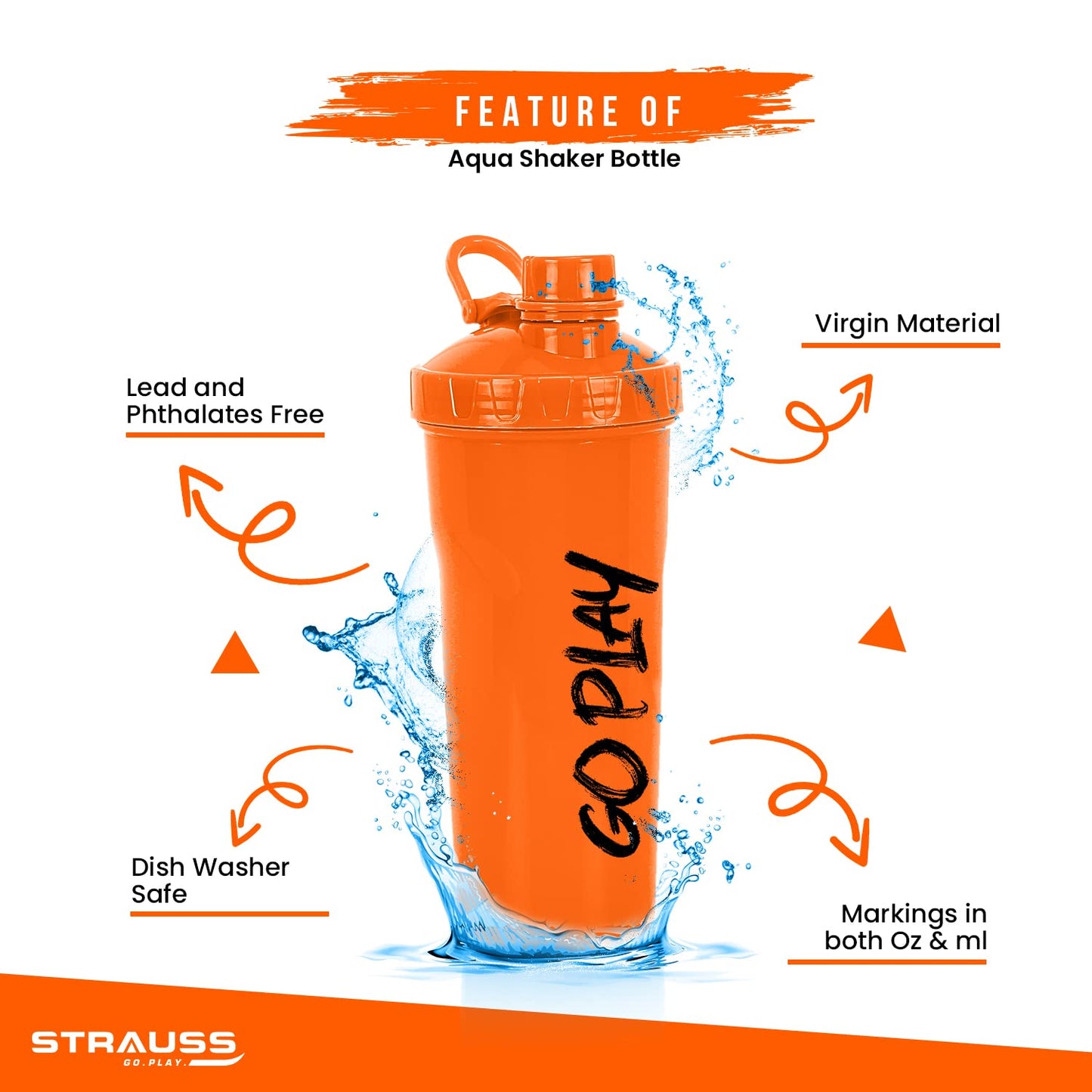 STRAUSS Aqua Shaker Bottle  100 BPA- Free  Leakproof Shaker for Protein Shake  Ideal Pre- Post Workout Shake For Both Men and Women  700mlOrange