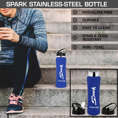 STRAUSS Spark Stainless-Steel Bottle Rubber Finish 750 ml Blue Pack of 2