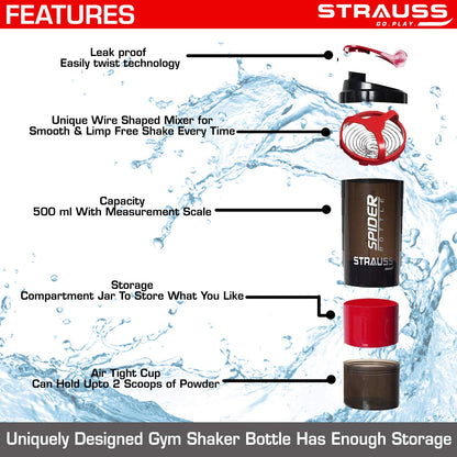 STRAUSS Spider Gym Shaker Bottle, 500ML, 2 Storage Compartments, Leakproof, BPA Free, Red