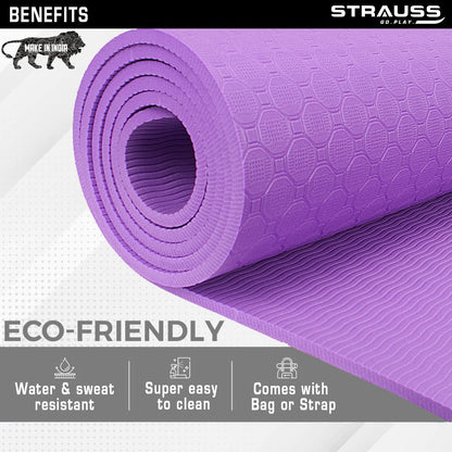 Strauss TPE Yoga Mat, 6MM, Anti-Slip, with Carry Strap. Ideal for Home Workout, Gym, Yoga. Suitable for Men, Women, Kids. Purple.