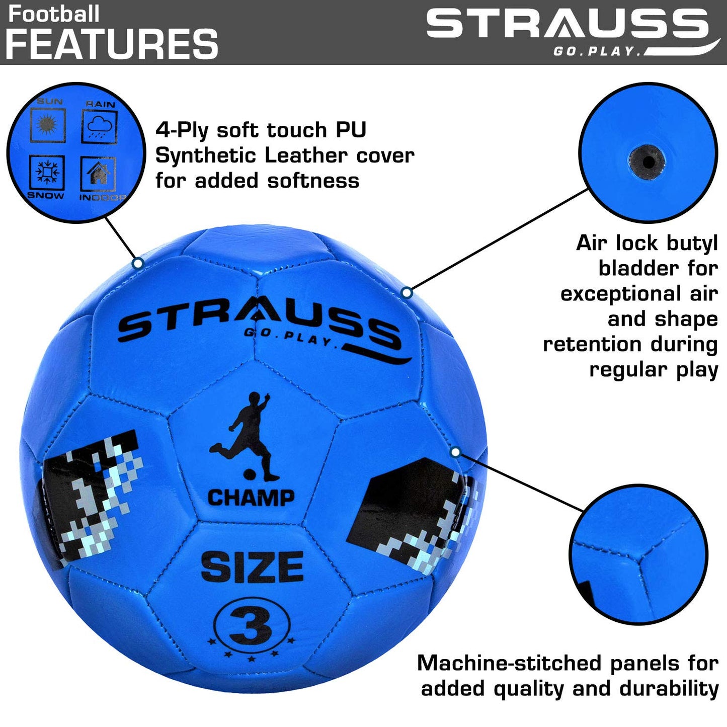 STRAUSS Official Football Size 3 Professional Match Ball for Indoor  Outdoor Games  Training for Kids  Adults  Granular Texture with High-Performance Grained Surface Blue