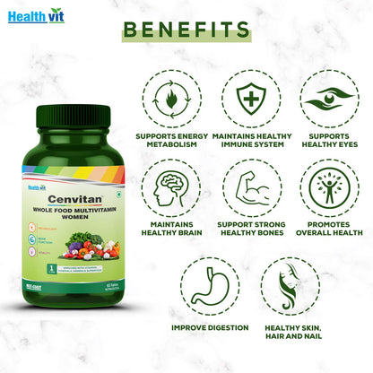 Healthvit Cenvitan Plant-Based Multivitamin for Women, enriched with Vitamins, Minerals, Greens, Superfood Fruits, Herbs. 60 Tablets, Pack of 2.