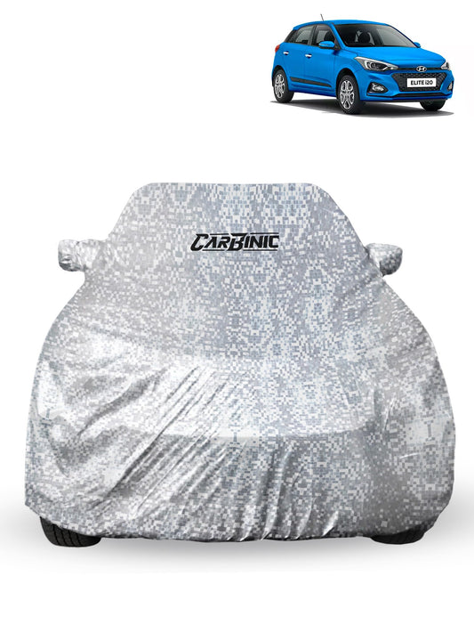 CARBINIC Car Cover for Hyundai Elite i20 nLine2020 Waterproof Tested and Dustproof Custom Fit UV Heat Resistant Outdoor Protection with Triple Stitched Fully Elastic Surface  Silver with Pockets