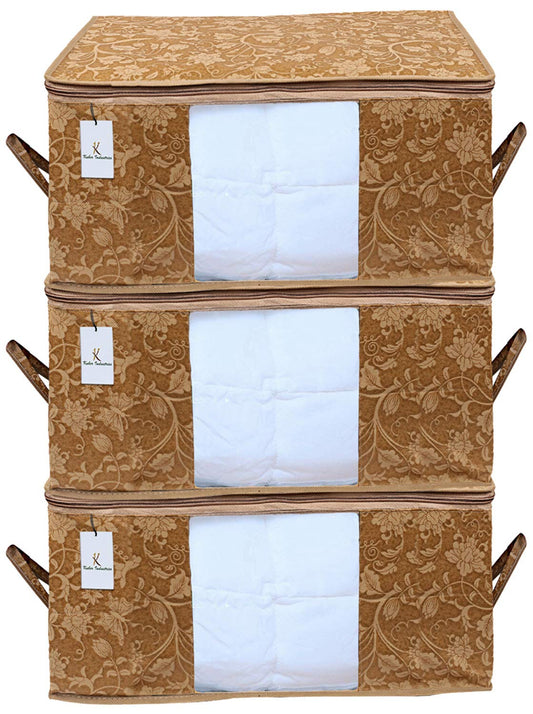 Kuber Industries Underbed Rectangular Non Woven Storage BagStorage OrganiserBlanket Cover Set of 3 Beige Non-Woven