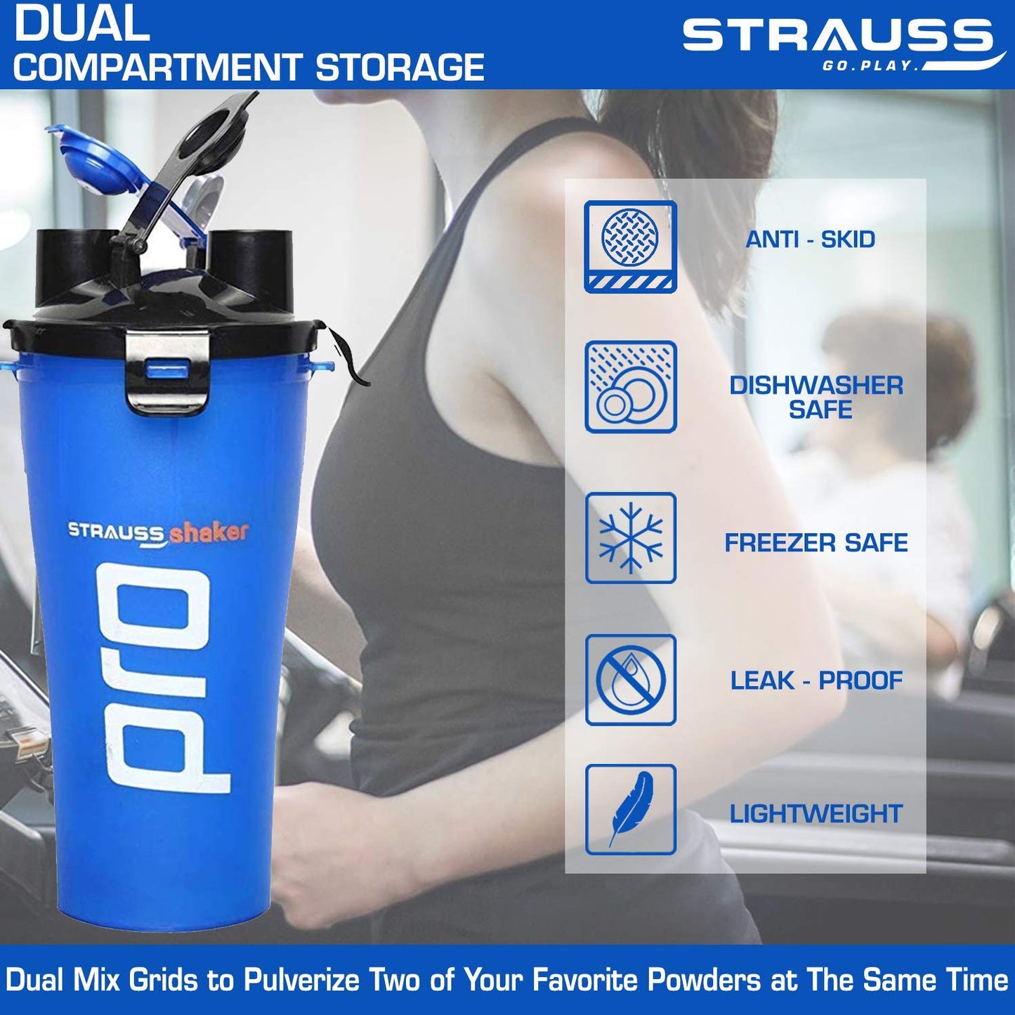 STRAUSS Dual Shaker Pro 700ml, Leakproof, BPA-Free, for Protein Shakes, Gym Use, Men & Women, Blue.