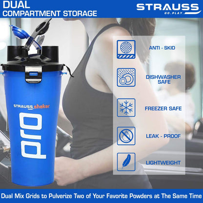 STRAUSS Dual Shaker Pro 700ml, Leakproof, BPA-Free, for Protein Shakes, Gym Use, Men & Women, Blue.