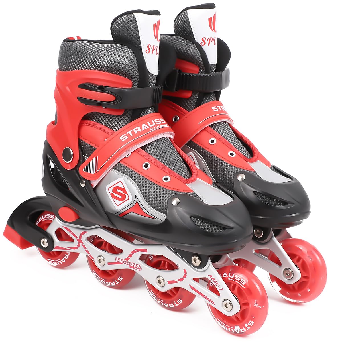 STRAUSS Vortex Adjustable Inline Skates for Boys & Girls, 4 Wheels, Beginner-Friendly, Enhanced Stability, Size L, Red