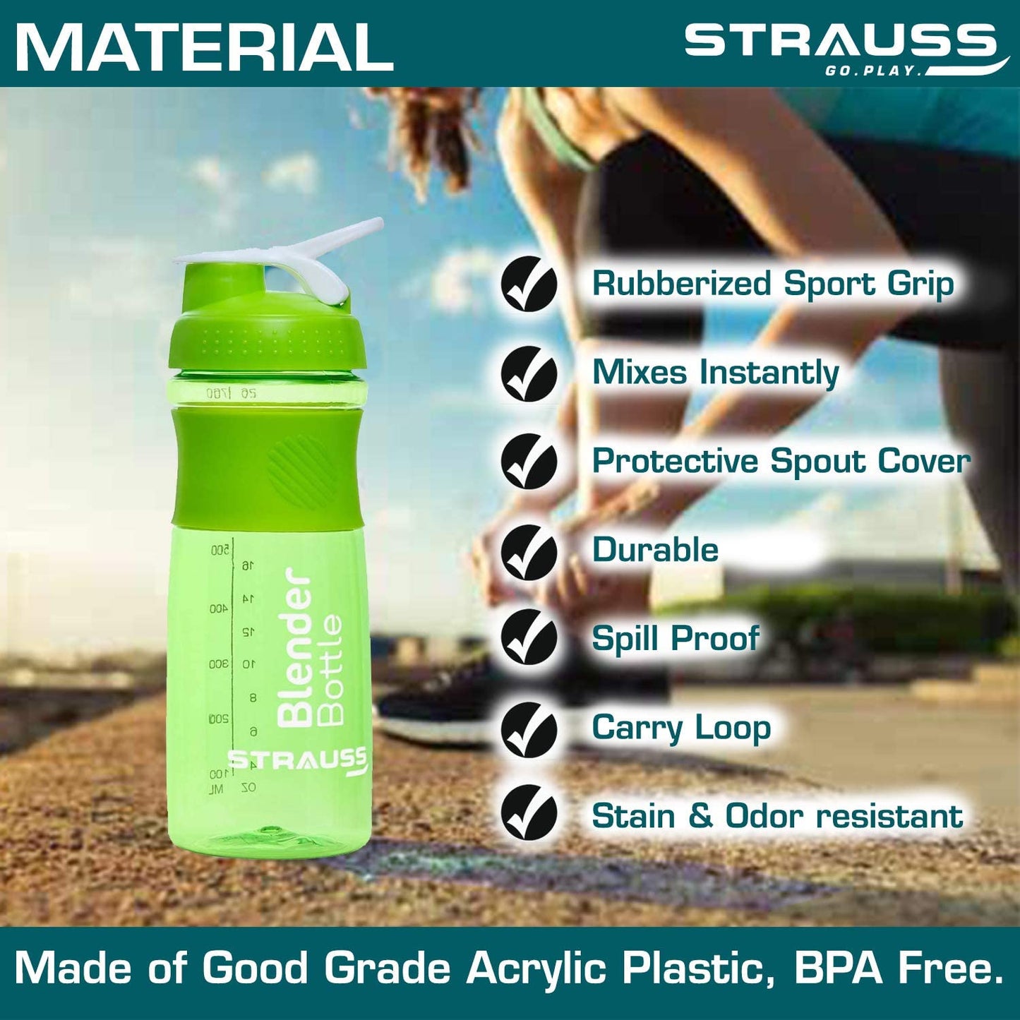 STRAUSS Leakproof Shaker Bottle for Protein Shakes, Pre-workout, BCAA, Gym, BPA-Free, 760 ML, Green. Ideal for Men and Women.