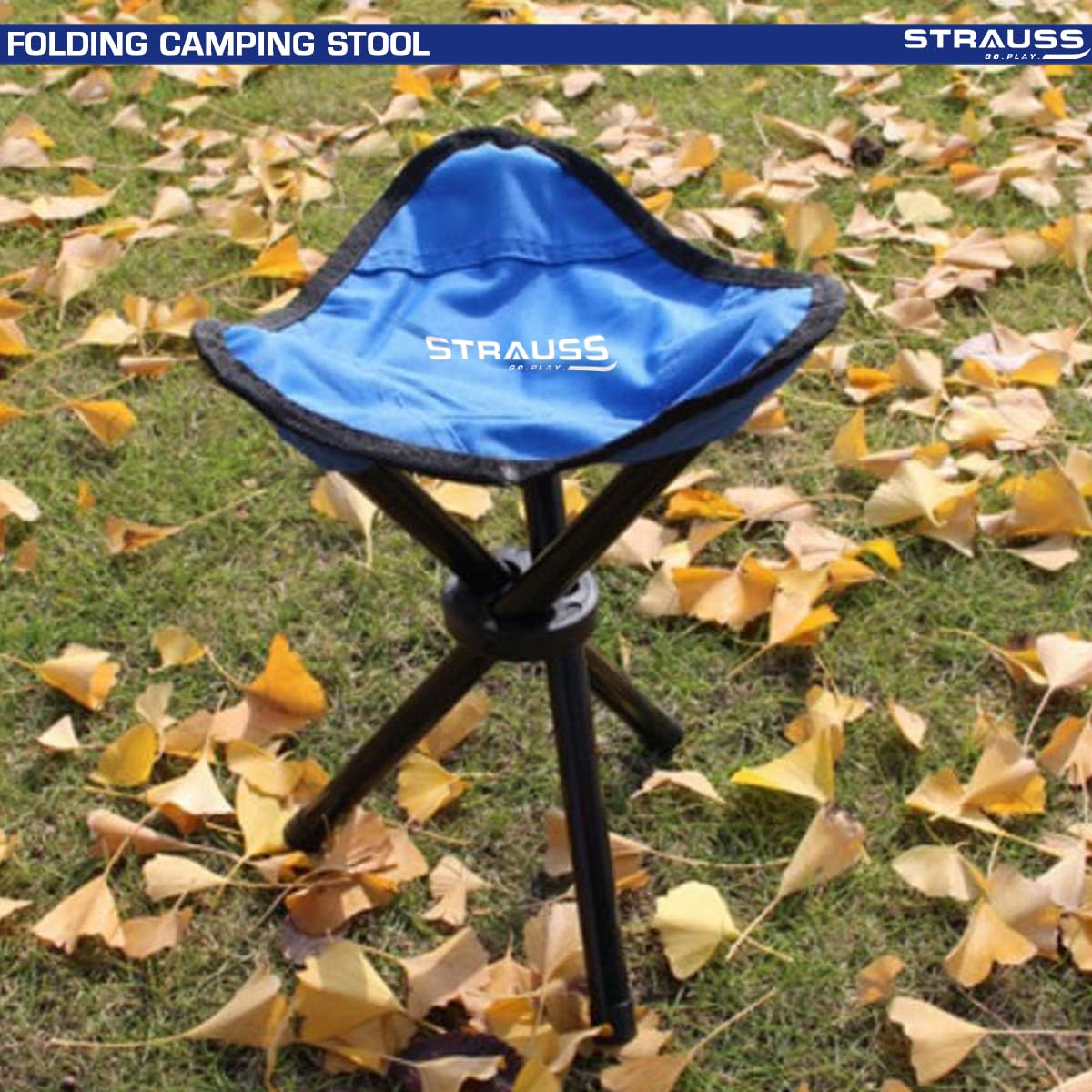 STRAUSS Folding Camping Chair: Portable, Foldable 3-Leg Stool for Camping, Fishing, Gardening, Beach. Compact Outdoor Seat. Blue, 32x32x42 cm.