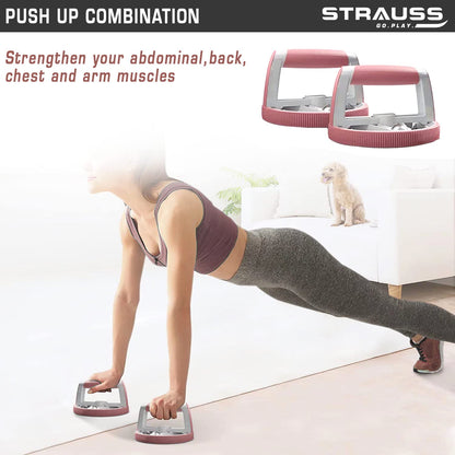 Strauss Ab Roller with Push Up Bar, Resistance Tube, Plank Roller for Core Training, Push-Ups, Pull-Ups, Squats, Glutes, Core Workout, Pink