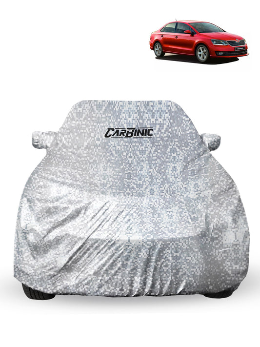 CARBINIC Car Cover for Skoda Rapid2021 Waterproof Tested and Dustproof Custom Fit UV Heat Resistant Outdoor Protection with Triple Stitched Fully Elastic Surface  Silver with Pockets