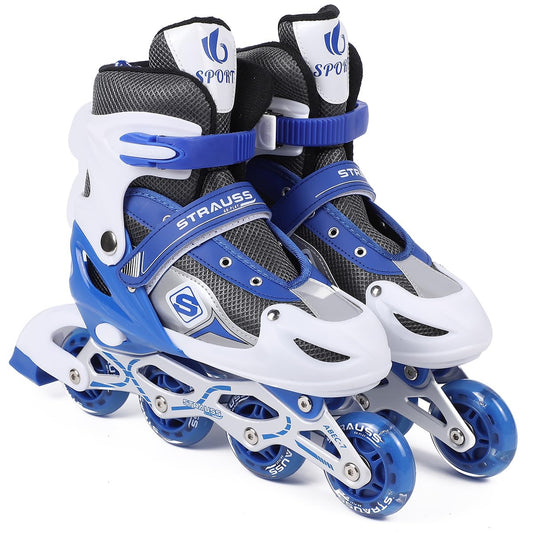 STRAUSS Vortex Adjustable Inline Skates for Boys & Girls, 4 Wheels, Beginner-Friendly, Enhanced Stability, Size M, Blue