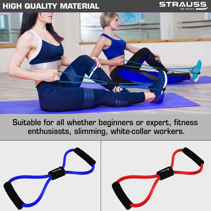 Strauss Yoga Chest Expander: Ideal for Yoga, Gym, Home Workout. Premium Natural Latex, Lightweight, Soft, Comfortable Handle, 8 Shape, Red.