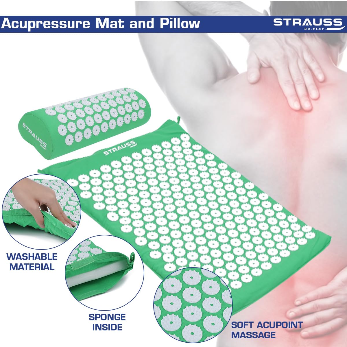 STRAUSS Pain Relief Acupressure Mat with Pillow for Yoga, Muscle Relaxation, Sciatica, Blood Circulation, 68x42x2 CM, Green