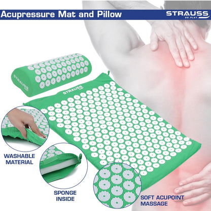 STRAUSS Pain Relief Acupressure Mat with Pillow for Yoga, Muscle Relaxation, Sciatica, Blood Circulation, 68x42x2 CM, Green