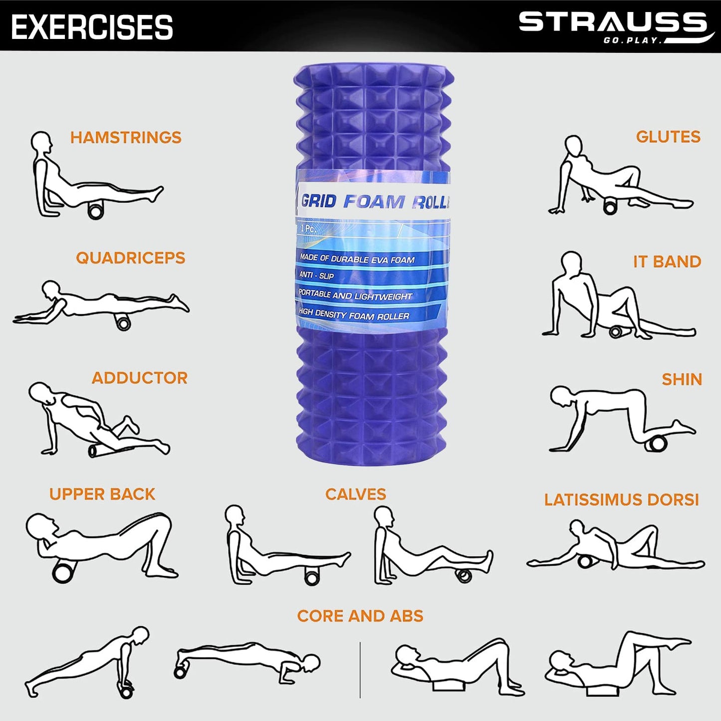 Strauss Grid Foam Roller, Eco-Friendly, Premium Eva Foam, Lightweight, Travel-Friendly, Relieves Muscle Tightness, Soreness, Inflammation, 45 CM, Purple