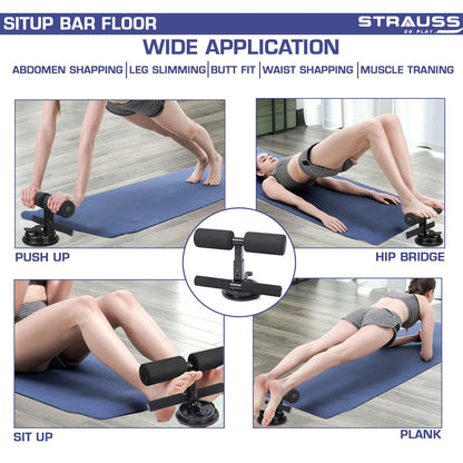 STRAUSS Sit-Up Bar: Portable, Foam Handle, Rubber Suction. Ideal for Sit-ups, Push-ups, Abs Workout, Weight Loss. Black.